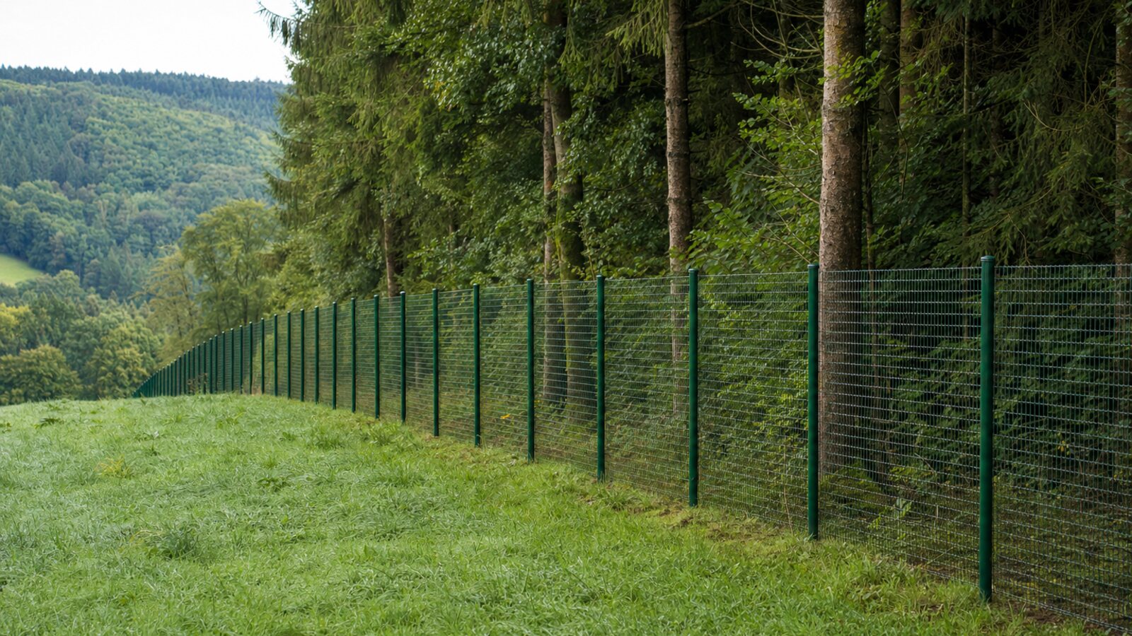 Zaunbau in Hückeswagen: grüner Wildschutzzaun aus engmaschigem Drahtgeflecht zwischen Metallpfosten am Rand eines oberbergischen Mischwaldes