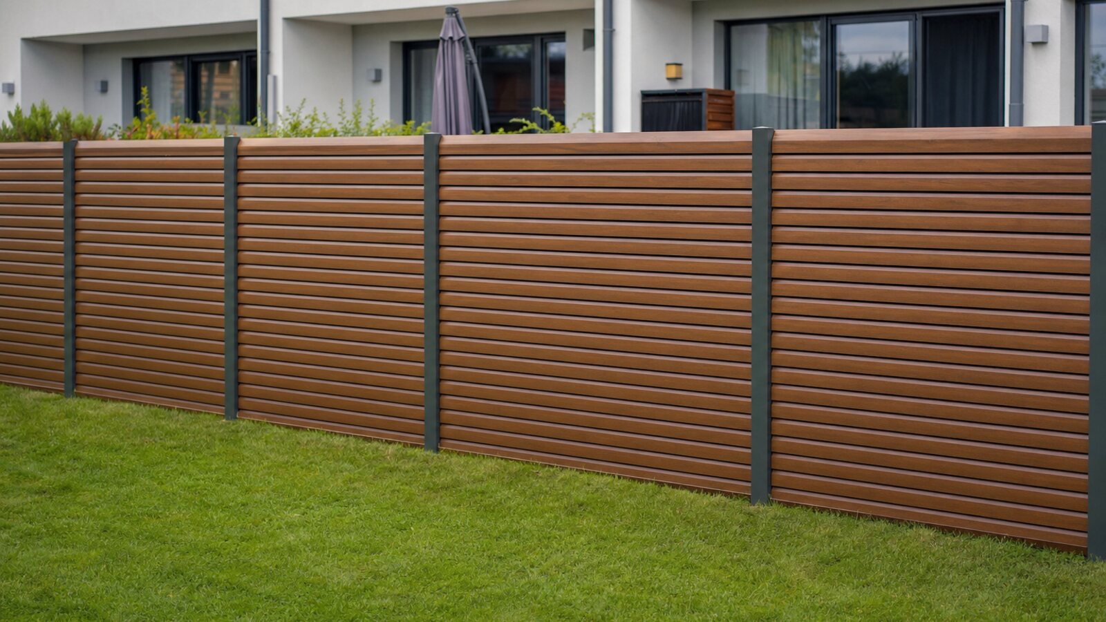 Zaunbau Langenfeld: moderner Sichtschutzzaun aus waagerechten Aluminium-Profilen in Holzoptik an einem ebenen Reihenhausgarten
