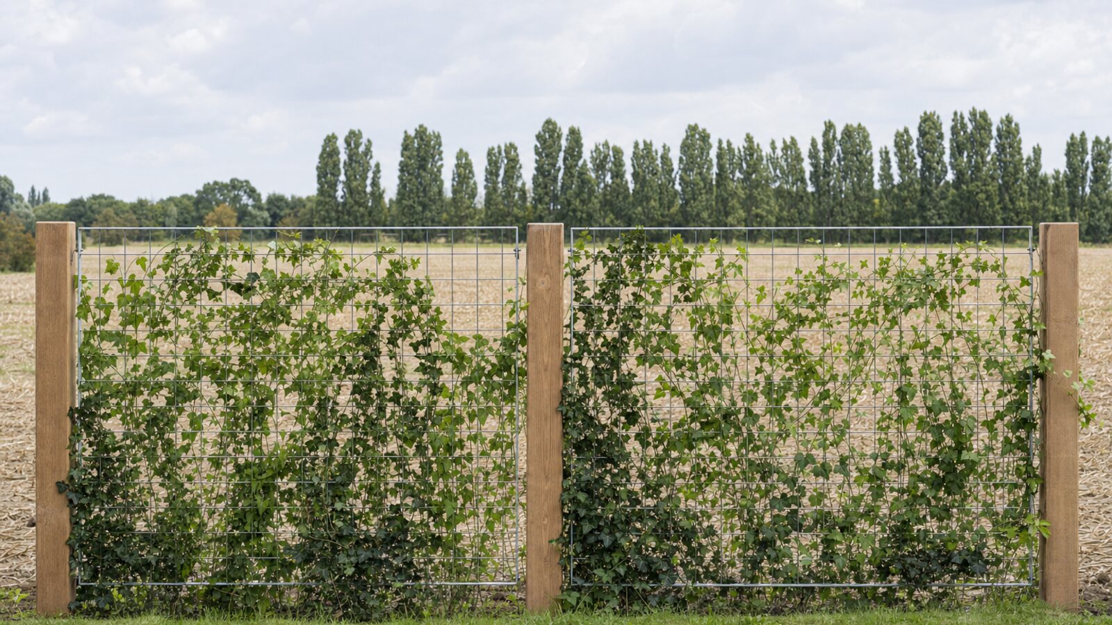 Zaunbau Langenfeld: Rankzaun aus verzinkten Baustahlmatten zwischen Holzpfosten, mit Efeu bewachsen, am flachen Feldrand bei Pappeln