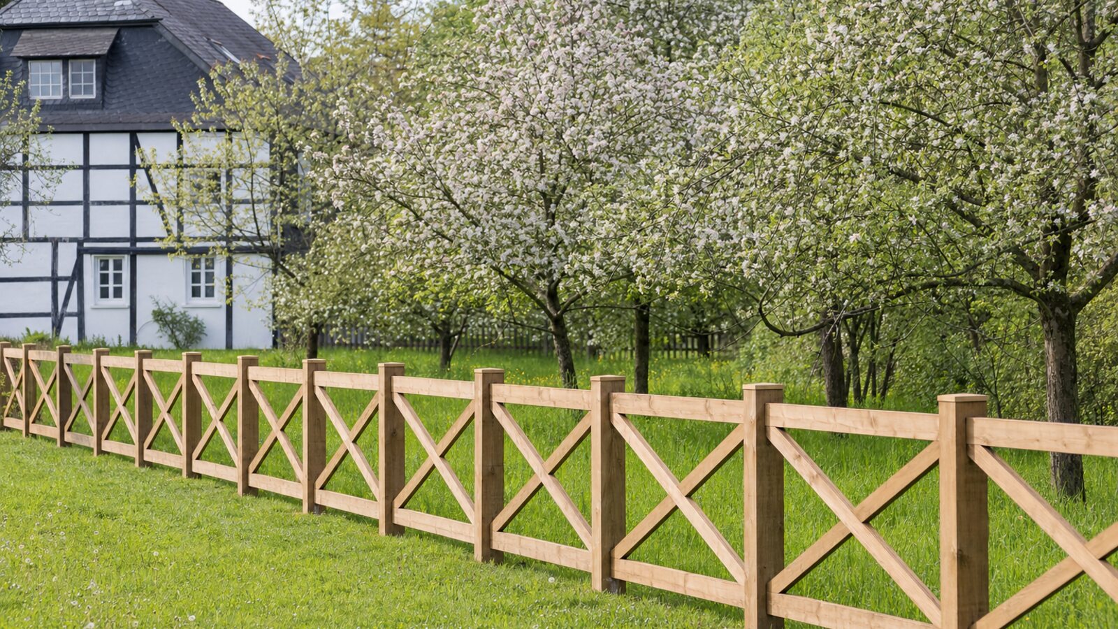Zaunbau Leichlingen: niedriger Holz-Kreuzzaun mit Andreaskreuz-Feldern an einer blühenden Obstwiese vor bergischem Fachwerkhaus
