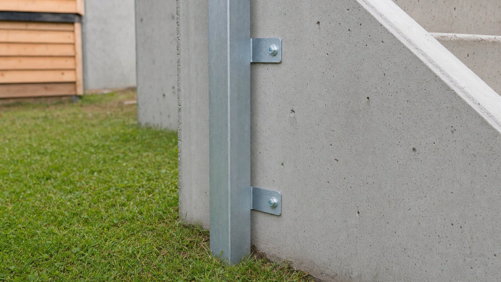 Zaunbau Leverkusen: verzinkter Metallpfosten seitlich mit zwei Montagewinkeln an eine Betontreppe gedübelt, Detailaufnahme