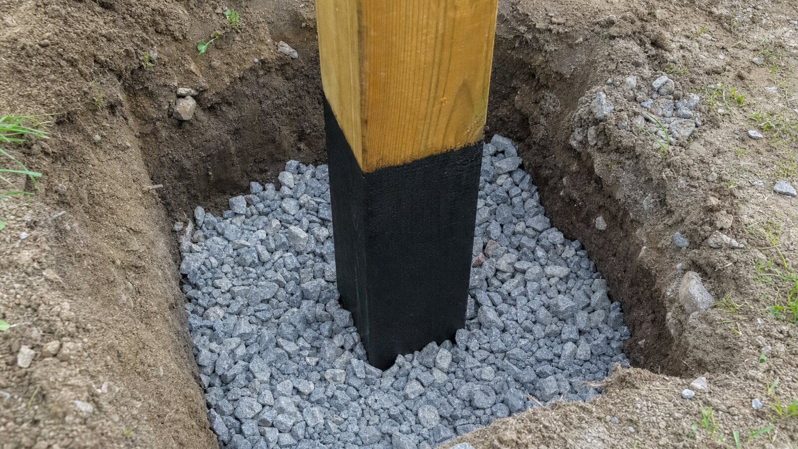 Zaunbau Lünen: Holzpfosten mit schwarzem Bitumen-Schutzanstrich in einem mit verdichtetem Schotter verfüllten Pfostenloch, Detailaufnahme