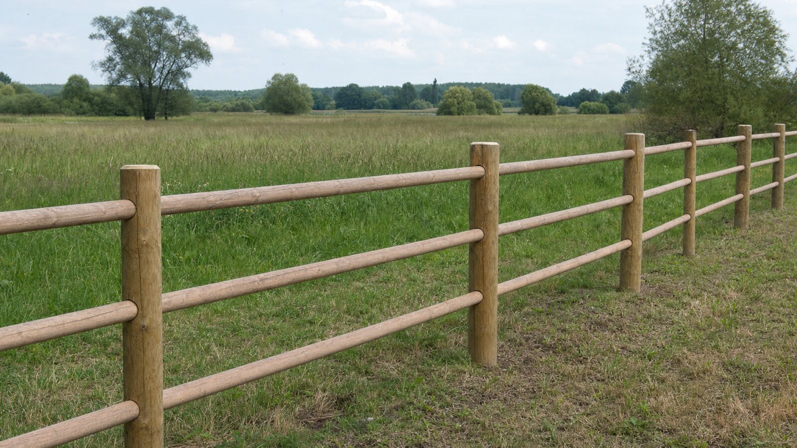 Zaunbau Lünen: ländlicher Koppel-Steckzaun aus drei waagerechten Rundholz-Riegeln in Holzpfosten an einer flachen Wiese in der Lippeaue