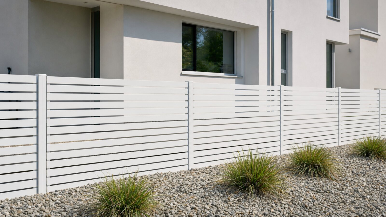 Zaunbau Lünen: moderner weißer Metallzaun aus waagerechten Flachstahl-Profilen zwischen Pfosten vor einem hellen Neubau mit Kiesvorgarten