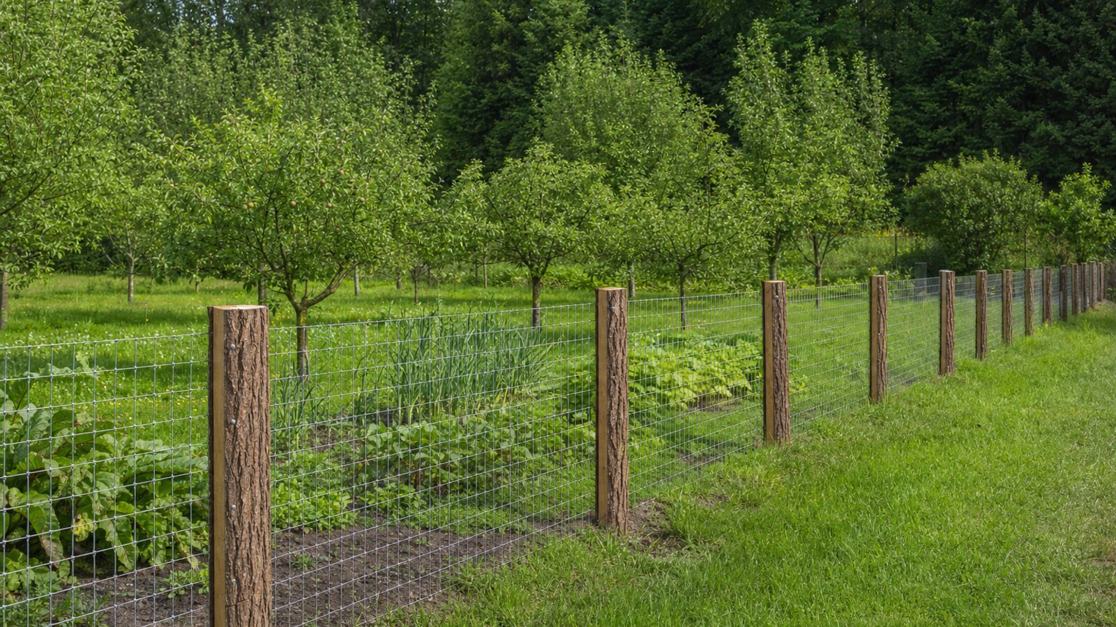 Zaunbau Marl: niedriger ländlicher Gartenzaun aus verzinktem Drahtgeflecht an Holzpfählen am Rand einer Streuobstparzelle