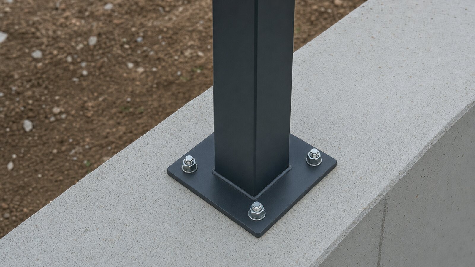 Zaunbau Marl: anthrazitfarbener Metallpfosten mit Fußplatte und Ankern auf einer Sichtbeton-Mauerkrone, Montagedetail