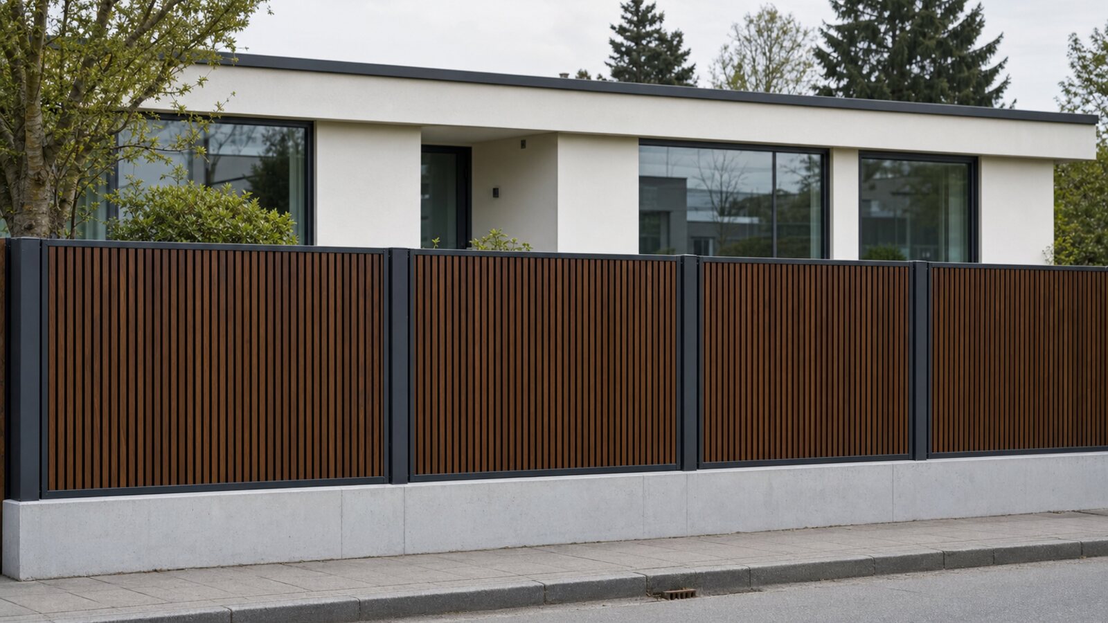 Zaunbau Marl: Sichtbeton-Sockel mit dunkelbraunen Thermoholz-Leisten in Stahlrahmen zwischen Pfosten vor einem Flachdach-Bungalow