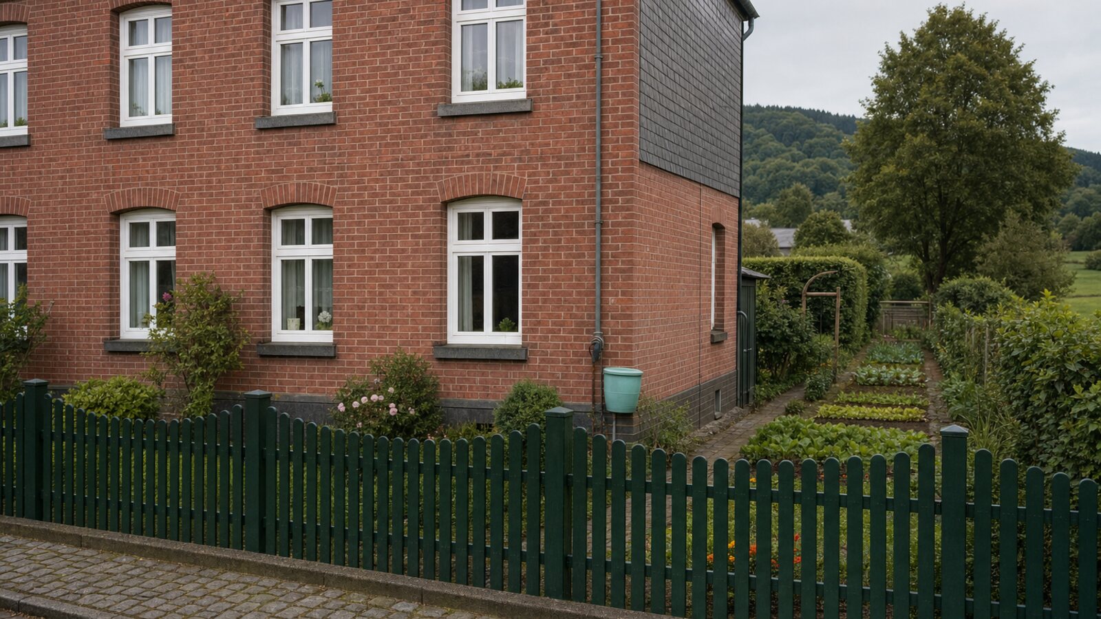 Zaunbau Oer-Erkenschwick: dunkelgrüner Holzlattenzaun mit Bogenabschluss vor einer Backstein-Doppelhaushälfte der Bergarbeitersiedlung