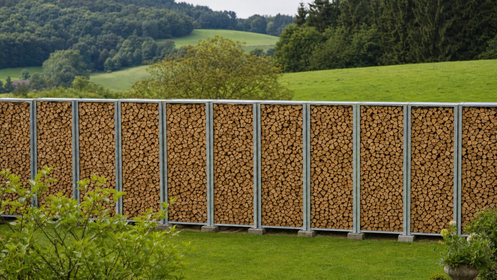 Zaunbau Oer-Erkenschwick: Sichtschutzwand aus verzinkten Stahlrahmen, gefüllt mit gestapeltem Buchenholz, an der Grenze zum Waldrand