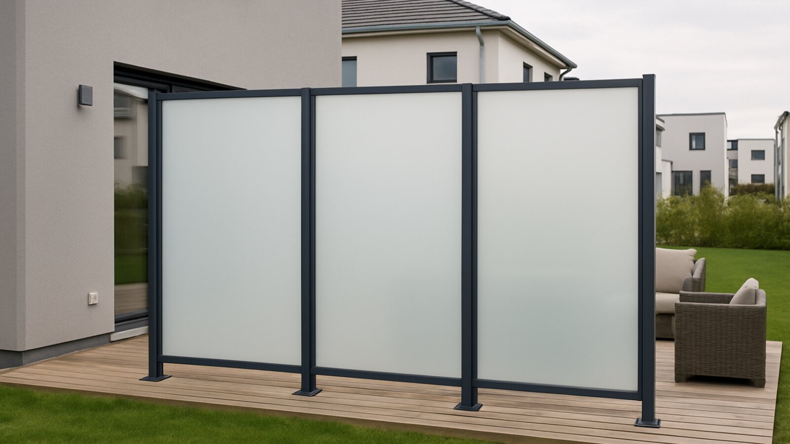 Zaunbau Ratingen: Sichtschutz aus satinierten Milchglasfeldern in anthrazitfarbenen Aluminiumrahmen an der Terrasse eines Neubaus