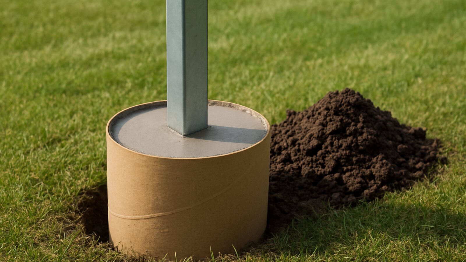 Zaunbau Ratingen: verzinkter Zaunpfosten lotrecht in einem mit Beton gefüllten Papp-Schalrohr als Punktfundament im Rasen
