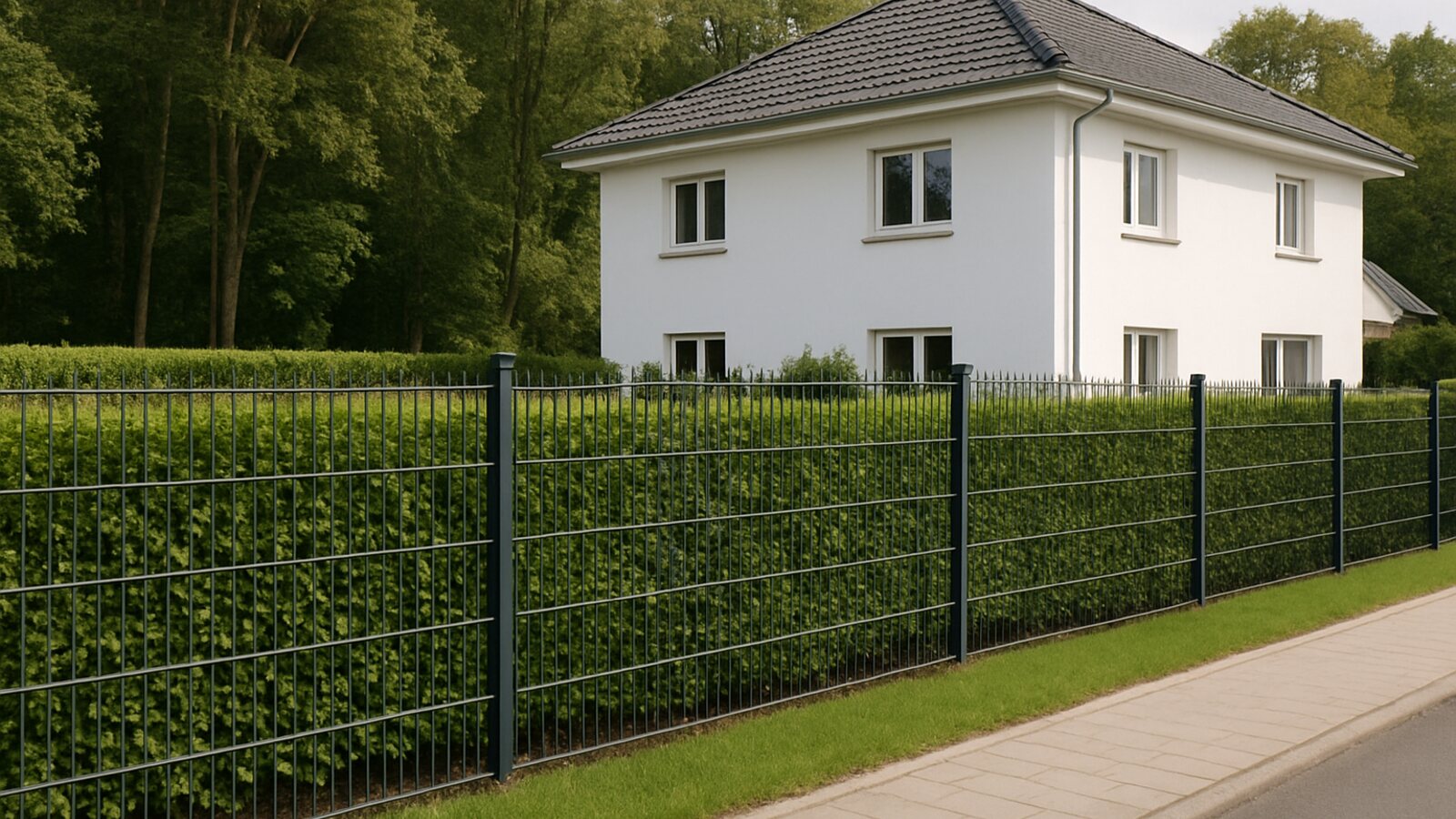 Zaunbau Ratingen: anthrazitfarbener Stabgitterzaun in einer geschnittenen Hainbuchenhecke vor einem weißen Einfamilienhaus im Villenviertel