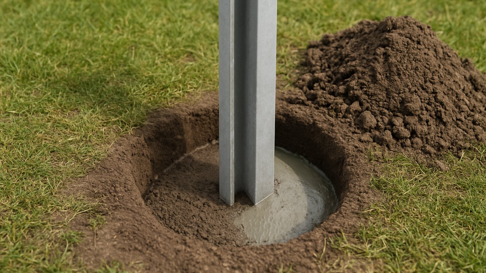 Zaunbau Recklinghausen: Betonpfosten mit H-Profil steht lotrecht im halb mit Beton verfüllten Pfostenloch