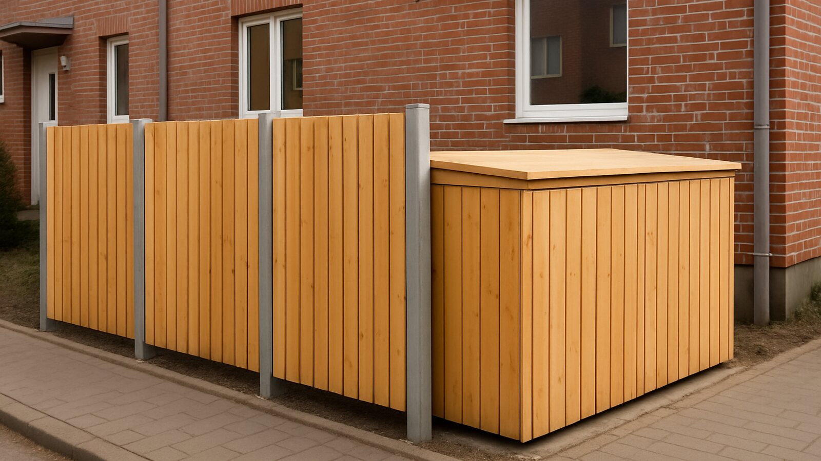 Zaunbau Recklinghausen: Sichtschutzzaun aus senkrechten Lärchenlatten mit integrierter Mülltonnenbox vor einem Klinkerhaus