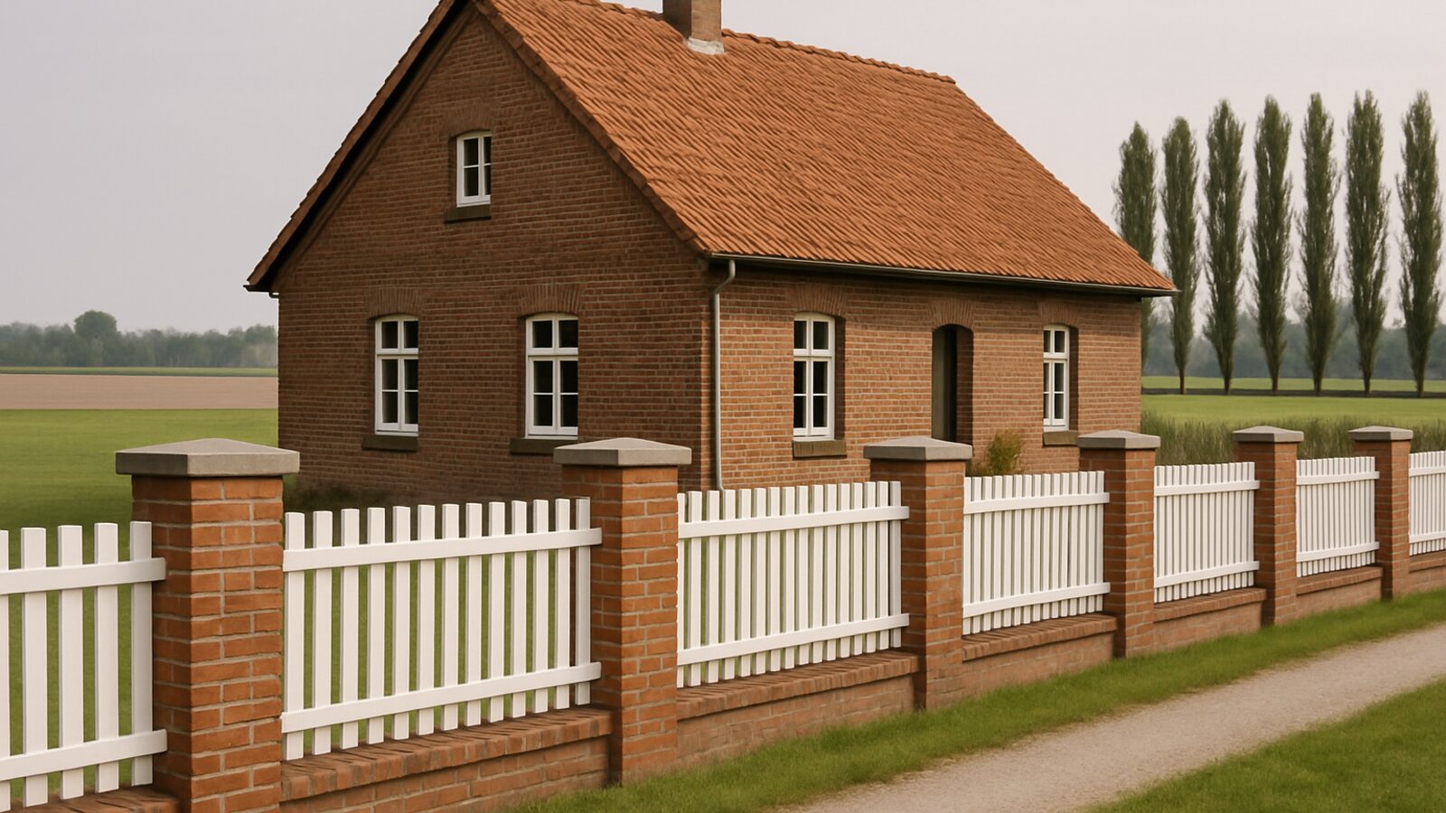 Zaunbau Waltrop: gemauerte Backsteinpfeiler mit weißen Holzzaunfeldern vor einem Landhaus am Rand des Münsterlandes