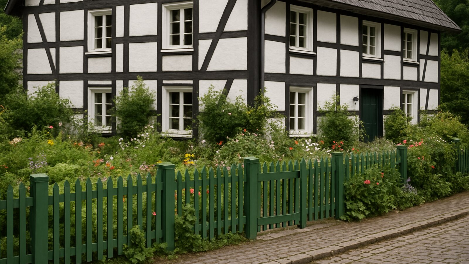 Zaunbau Wermelskirchen: grün gestrichener Holz-Lattenzaun mit Pforte vor einem bergischen Fachwerkhaus mit Bauerngarten