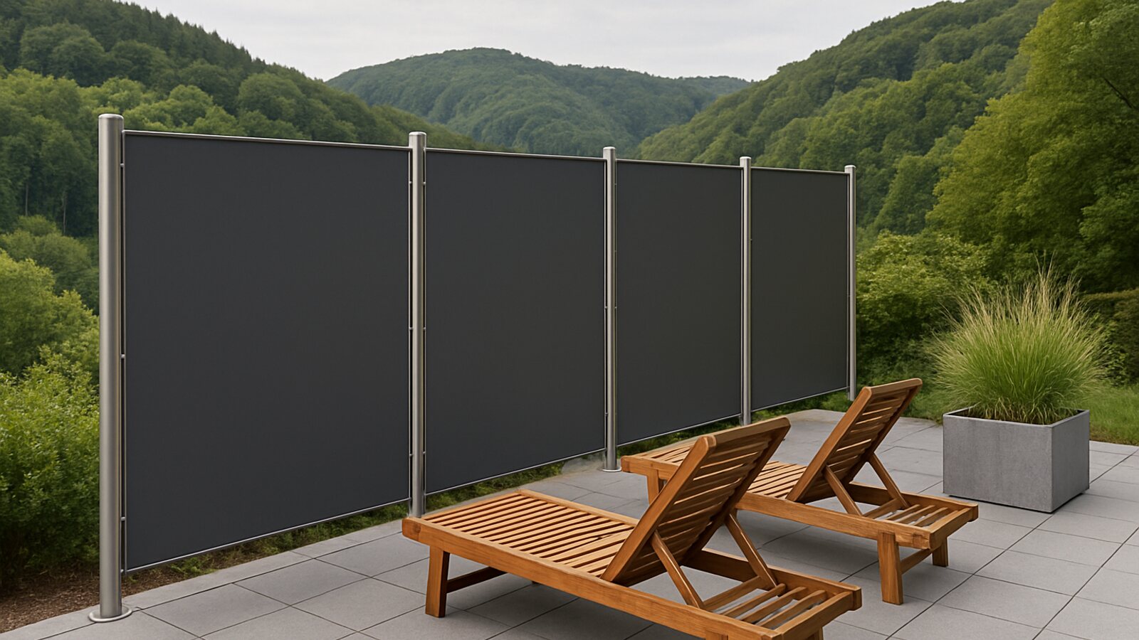 Zaunbau Wermelskirchen: Sichtschutz aus dunkelgrauen HPL-Platten in Edelstahlrahmen auf einer Hangterrasse mit Blick auf bewaldete Hügel
