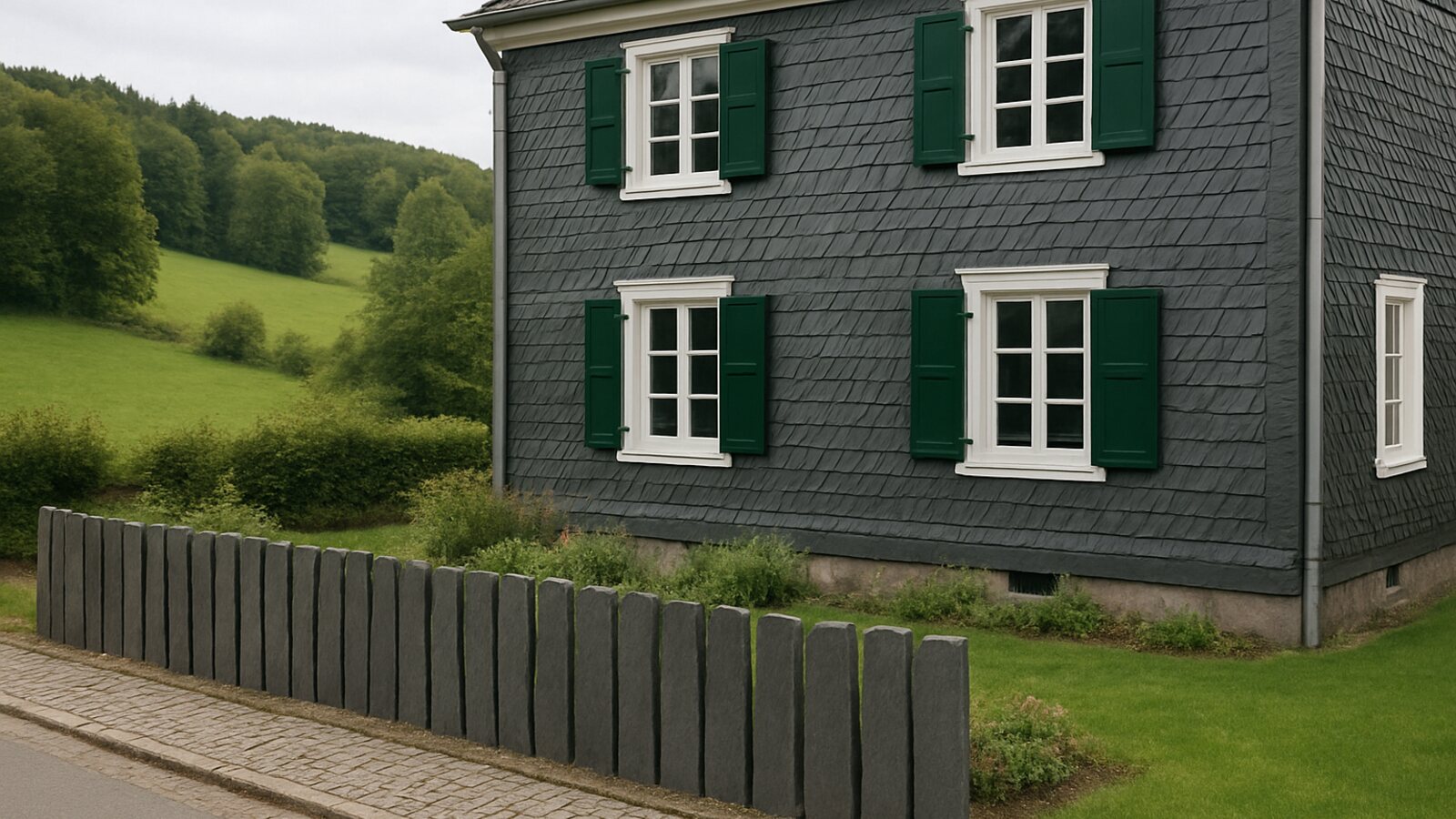 Zaunbau Wermelskirchen: niedrige Einfriedung aus hochkant gesetzten Schieferplatten vor einem bergischen Schieferhaus mit grünen Fensterläden