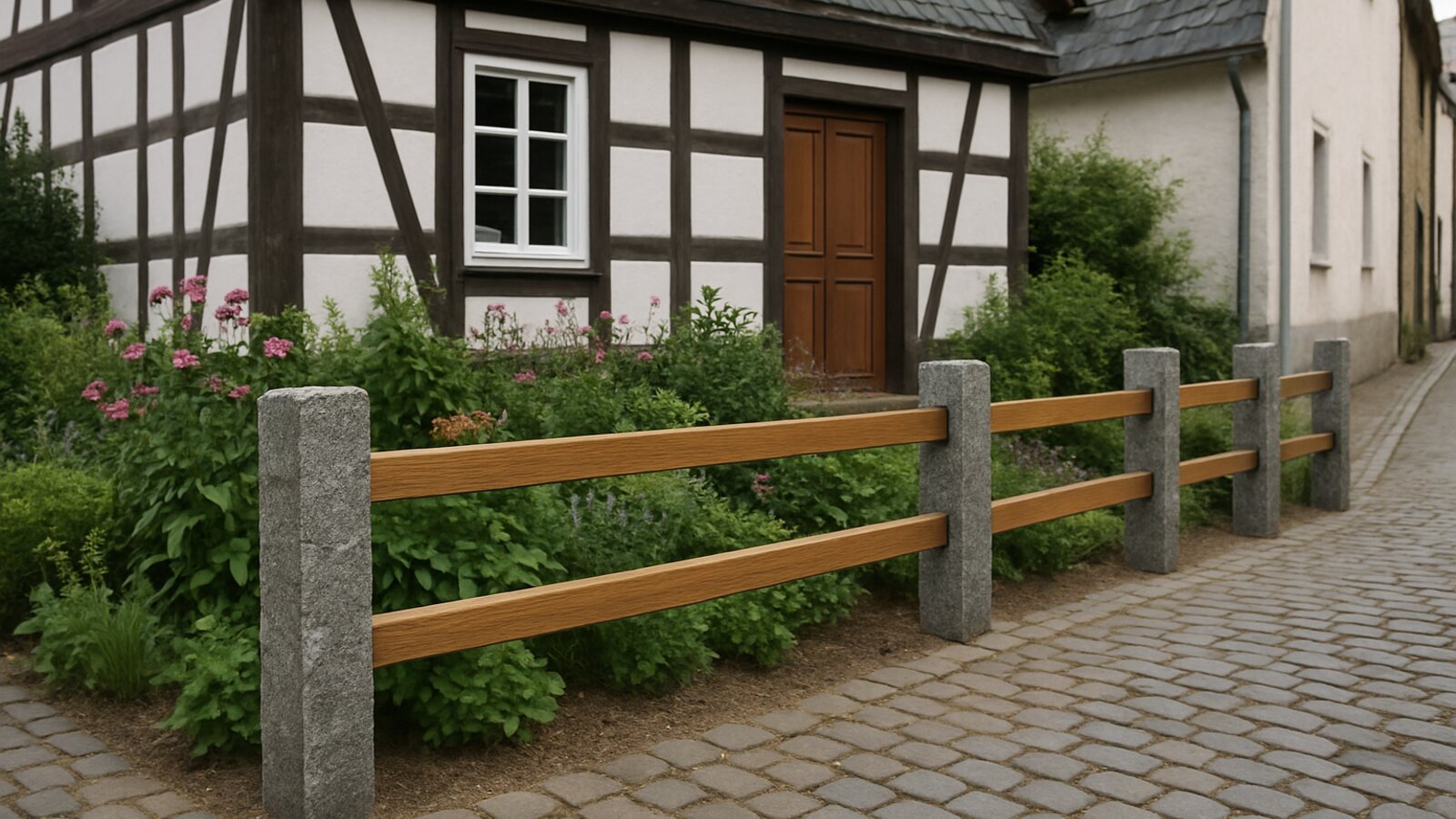 Zaunbau Wetter (Ruhr): kniehoher Vorgartenzaun aus Granitpfosten mit Eichenriegeln vor einem Fachwerkhaus in der Altstadt