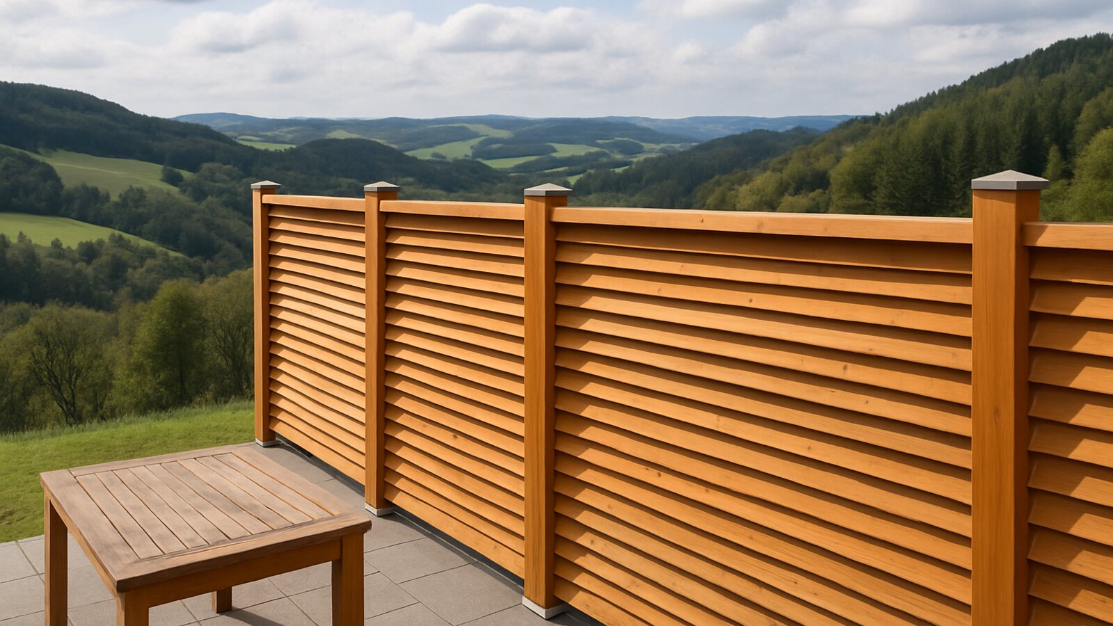 Zaunbau Wipperfürth: Windschutzzaun aus schräg gestellten Lärchenholz-Lamellen an einer Terrasse in Höhenlage mit Blick über das Oberbergische