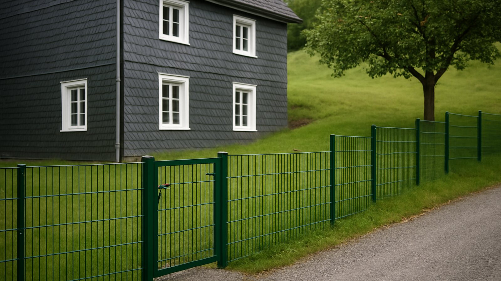 Zaunbau Wipperfürth: moosgrüner Doppelstabmattenzaun mit Gartenpforte, am Wiesenhang gestuft vor einem Schieferhaus