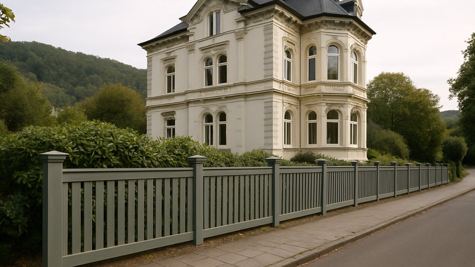 Zaunbau Witten: graugrüner Holz-Rahmenzaun mit senkrechten Sprossen vor einer Gründerzeit-Villa im Ruhrtal