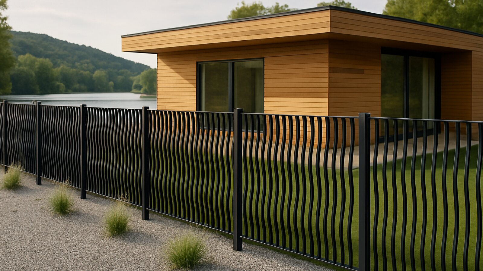 Zaunbau Witten: schwarzer Design-Metallzaun aus wellenförmig gebogenen Flachstahl-Lamellen vor einem Bungalow am See