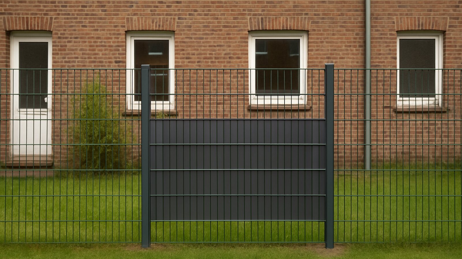 Zaunbau Witten: neues anthrazitfarbenes Doppelstabmattenfeld zwischen alten grünen Feldern im Garten einer Zechensiedlung